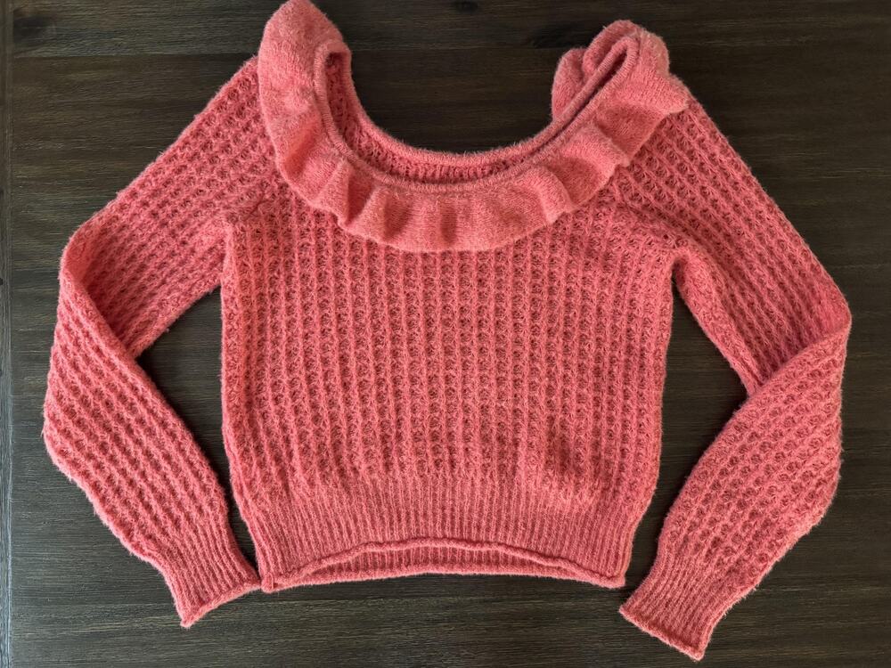 Anthropologie Sweater Womens Medium Coral Pink Fuzzy Ruffle Scoop Neck Knit